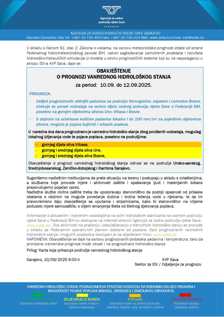 Obavještenje o prognozi vanrednog hidrološkog stanja za period-10.09.-12
