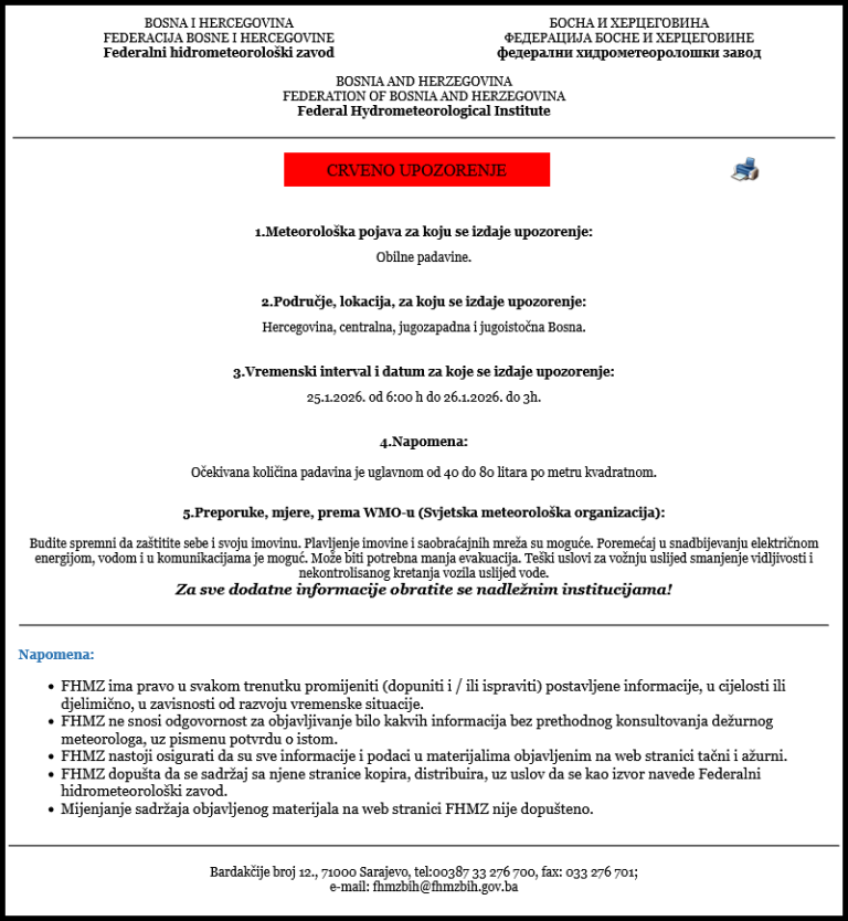 CRVENO UPOZORENJE NA OPASNE METEOROLOŠKE POJAVE