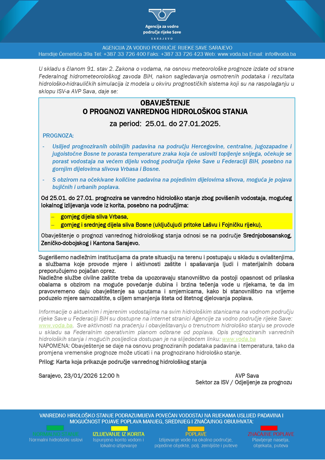 Obavještenje o prognozi vanrednog hidrološkog stanja za period-25.01.-27