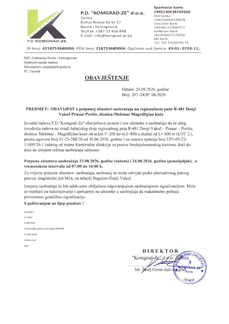 Obavijest o potpunoj obustavi saobraćaja - R 481 Donji Vakuf - Prusac - Poriče_page-0001